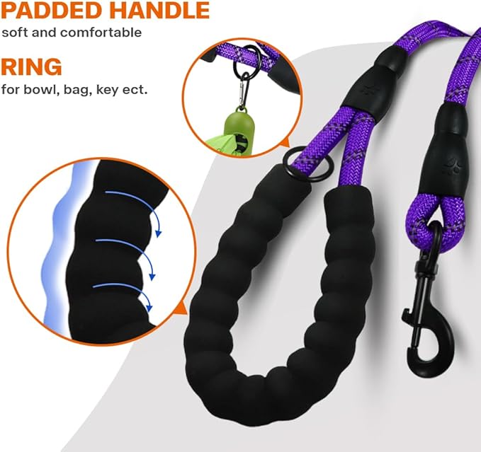 Taglory Rope Dog Leash 6 FT with Comfortable Padded Handle, Highly Reflective Threads Leash for Small Dogs, 3/8 inch, Purple