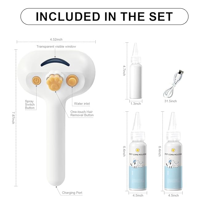 Pet Steam Brush for Dog & Cat – shower bath brush – Steam for Shedding & Grooming Water Brush for Long & Short Haired Pets Spritz Defur Comb 3-in-1 Spray Hair Removal Comb Includes 2*Waterless Shampoo