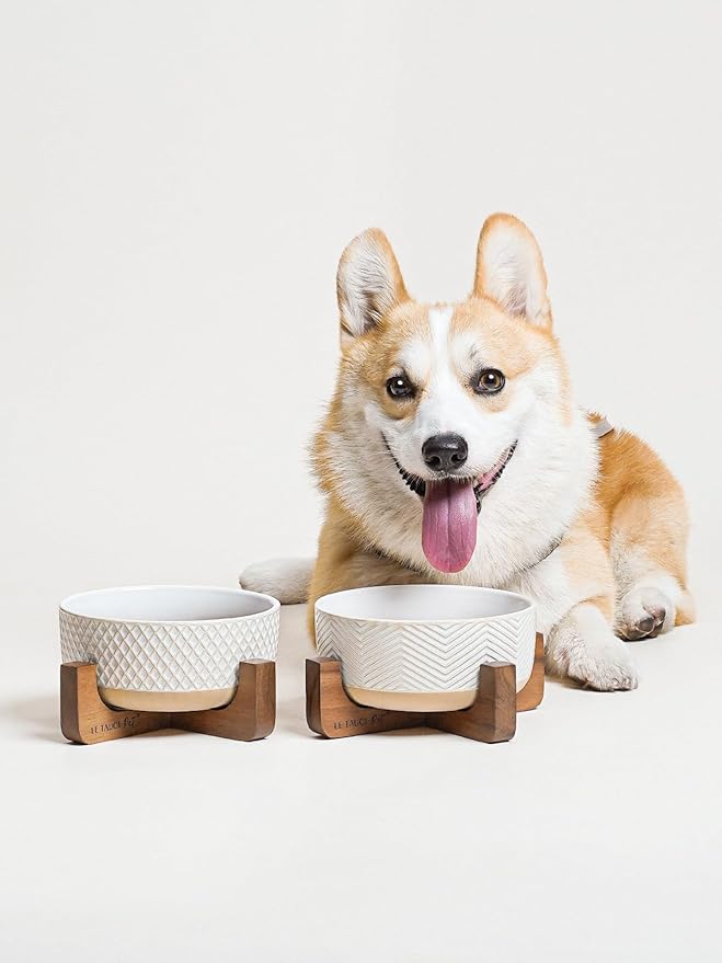 LE TAUCI PET Ceramic Dog Bowl Set, 4 Cups Food and Water Bowl for Medium Small Dogs, Cute Pet Dishes with Wood Stand, Rhombus+Wave Design (Set of 2)