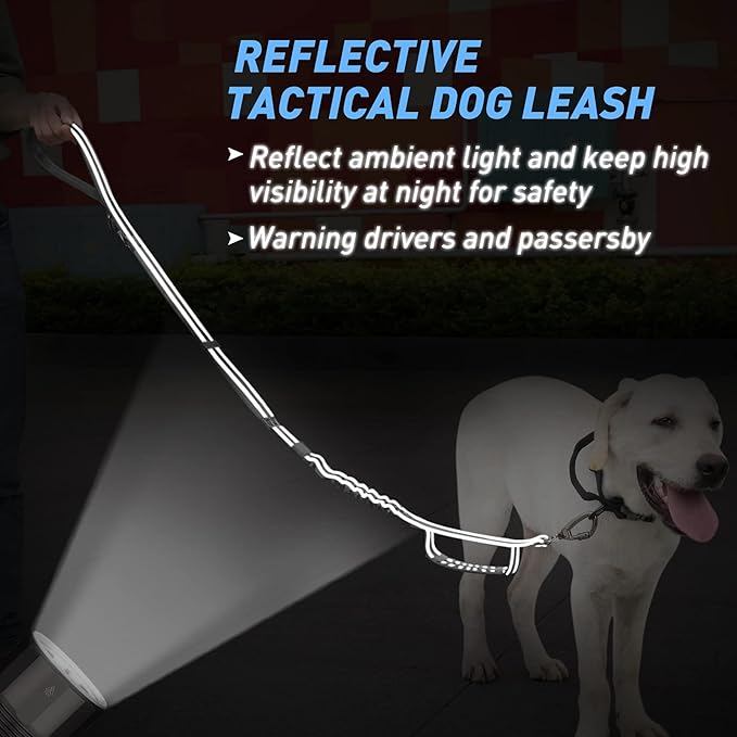 Hotsky Tactical Dog Leash Heavy Duty for Medium Large Dogs That Pull,4-6Ft Strong Bungee Shock Absorbing No Pull Dog Leash with Padded Double Handle and Car Seatbelt,Reflective Black