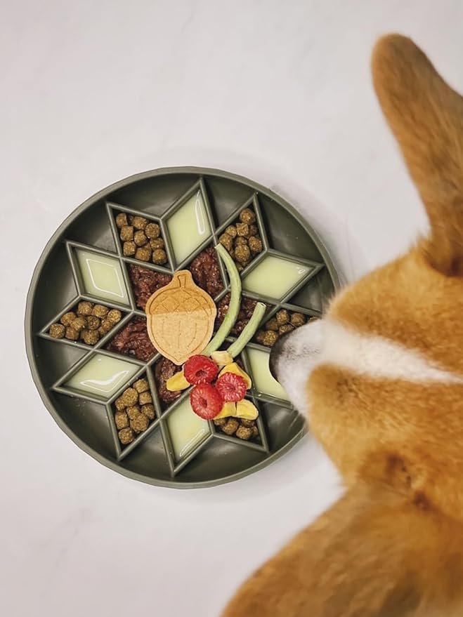 OHMO Slow Feeder Dog Bowls (Diamond, 8" Camo Green) Enrichment Toy Soft Silicone Food Safe Feeding Bowl Non Slip Suction Cup for All Breed Pet, Cat Slow Down Eating Dishes, Boredom and Anxiety Reducer