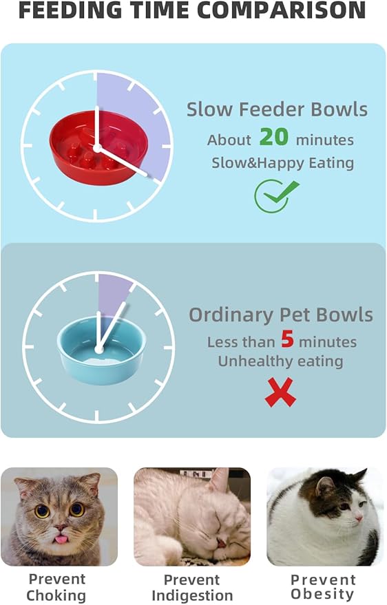 Slow Feeder Cat Bowls, Ceramic Fun Slow Eater Bowl for Cats (Red)