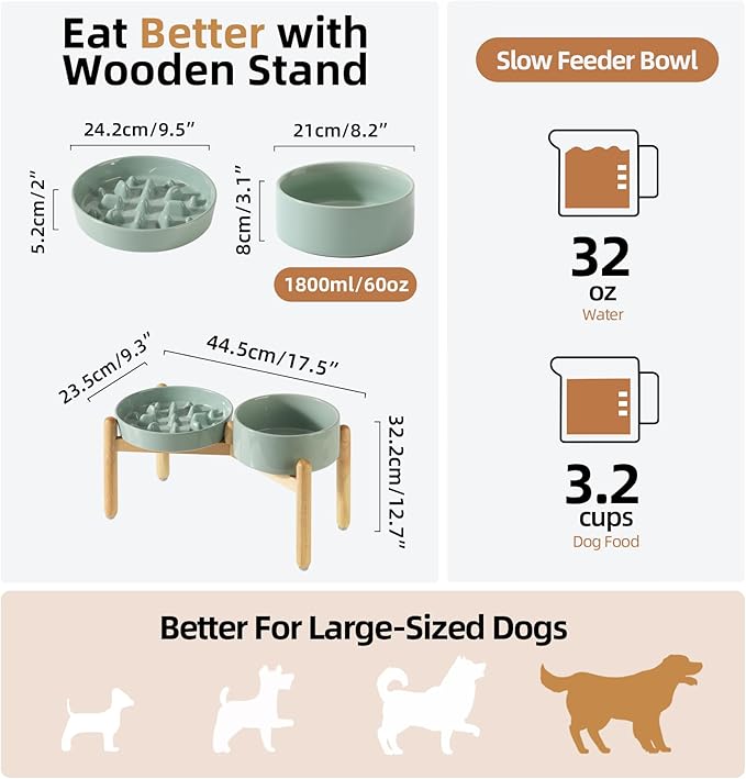 Ceramic 3.2 Cup Raised Slow Feeder Dog Bowl Set, Elevated 8.2inch Bowl and 9.5inch Slow Pet Food Dish with Wooden Stand for Large Dog (2 x Light Green+ Stand)