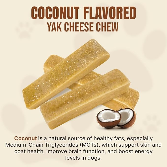 Tibetan Yak Cheese Dog Chew Sticks (4 Medium Chews) Coconut Flavor - Natural, Handmade, Long-Lasting, Easy to Digest, Ideal for Medium Dogs and Aggressive Chewers, Rawhide, Grain and Gluten Free