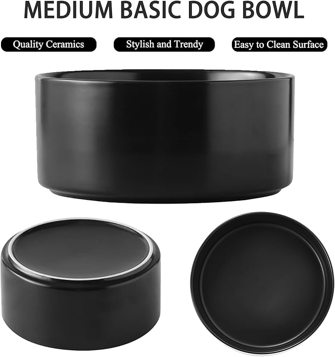 Ceramic Set of 2 Dog Bowls - Classic Dogs Food & Water Bowl for Small and Medium Breed, Heavy-Duty Non-Slip Dog Dishes, Food Grade Pet Bowl, Dishwasher & Microwave Safe (6'', 2*30OZ, Black)