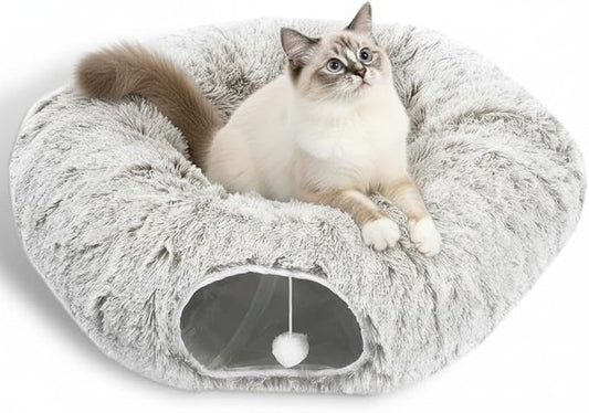 AUOON Cat Tunnel Bed for Indoor Cats - Large Cat Donut Tunnel with Hanging Ball Toy, Collapsible 2-in-1 Multifunctional Interactive Cat Toy for Kitten, Puppy, Rabbit, Ferret (Khaki)