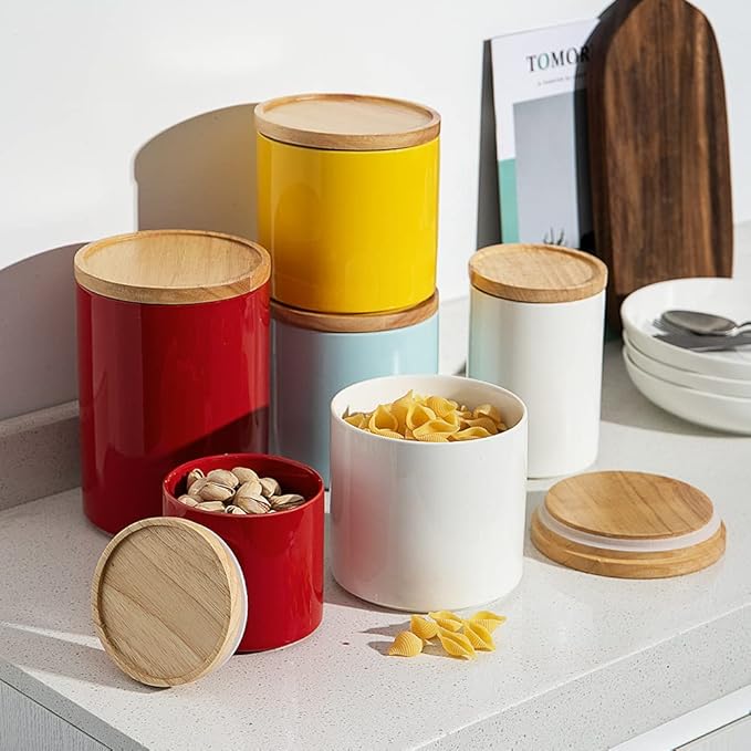 Sweejar Kitchen Canisters Ceramic Food Storage Jar, Stackable Containers with Airtight Seal Wooden Lid for Serving Coffee Bean, Flour, Tea, Spice and More - 39 Fl Oz (Red)