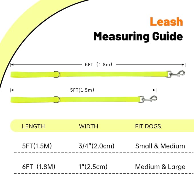 Waterproof Dog Leash, 5/6 FT Durable Odor-Proof Dog Leashes with Strong Metal Hooks Fits Small Medium or Large Dogs (Yellow, 5FT - 3/4 inch Width)