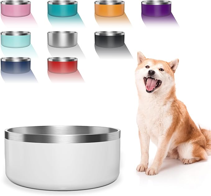 Dog Bowl, Stainless Steel Dog Food and Water Bowl with Non Slip Quiet Bottom, Easy to Clean, Dishwasher Safe, 40oz, White