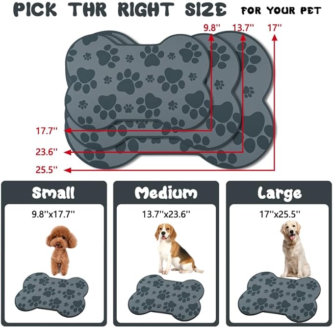 Dog Food Mats for Floors Waterproof, Pet Feeding Absorbent Water Bowl Mat Cat Placemats Gray Bone Shape 23.6 * 15.7 inch
