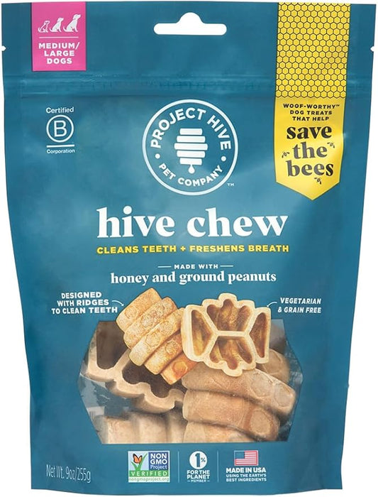 Natural Dental Treats for Dogs, Healthy, Non-GMO Project Verified, Natural Peanut Butter Flavored, Vegetarian Chews, Made in The USA (Hive Chews, Large Breeds) Cleans Teeth and freshens Breath