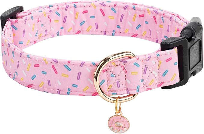 Cotton Dog Collar,Adjustable Cute Puppy Collar with Moon Patterned Design for Small Medium Large Dogs,Soft and Fancy Pet Collar with Safety Buckle for Girl Boy Dogs (Pink Doughnut, L)