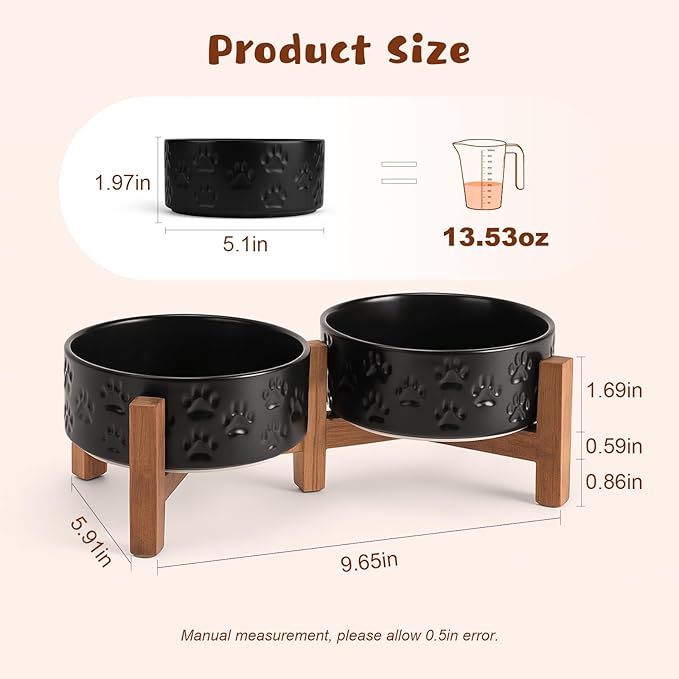SPUNKYJUNKY Ceramic Elevated Dog Bowl Set with Acacia Wood Stand for Food and Water for Cats and Small Dogs (13.52 OZ, Black, Dog Paw Pattern)