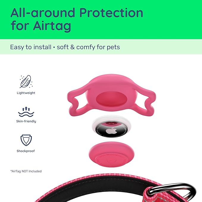 Airtag Dog Collar, Reflective Ultra-Durable Nylon Padded with QR Code Buckle & IP68 Waterproof Air Tag Holder Compatible for Apple AirTag, Comfortable for Small Medium Large Dogs (Hot Pink, XS)