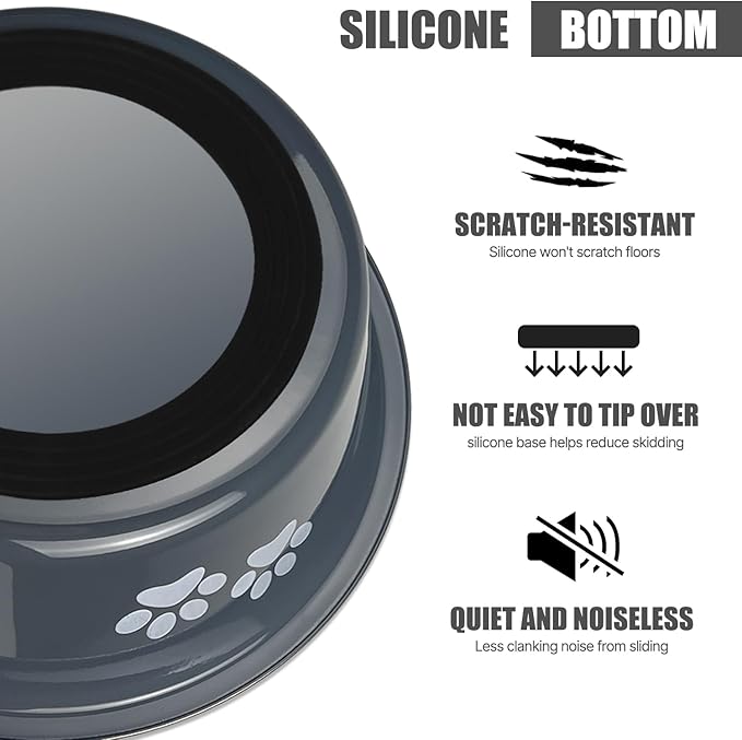 Stainless Steel Dog Bowls, Nonslip Rubber Bottom No Spill Proof Skid Metal Insulated Dog Bowls for Large Medium Small Breed Dogs (Grey, 6.6 Cups/53 OZ)