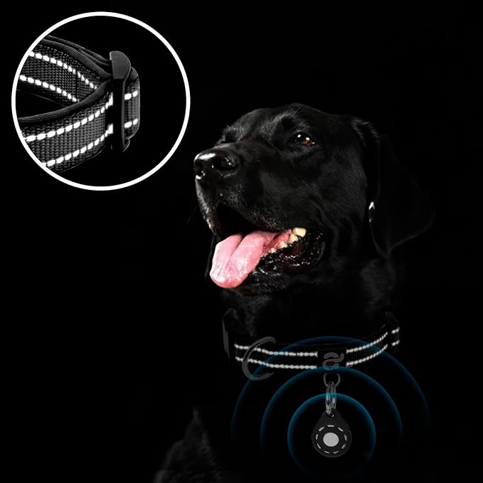 azuza Reflective Dog Collar with Airtag Holder, Soft Neoprene Padded Pet Collar with ID Tag Ring, Adjustable for Puppy and Small Dogs,Black,XS
