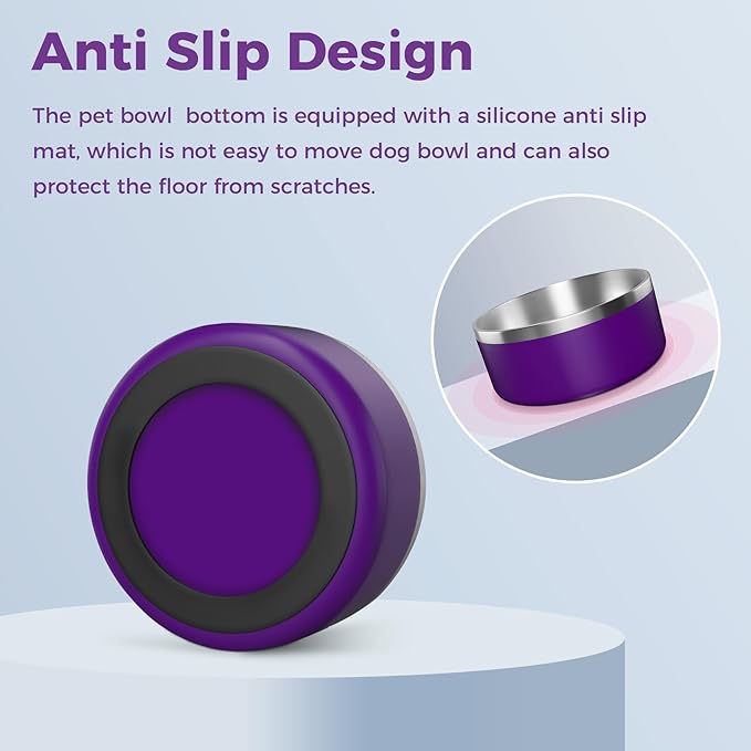 Dog Bowl, Stainless Steel Dog Food and Water Bowl with Non Slip Quiet Bottom, Easy to Clean, Dishwasher Safe, 64oz, Purple