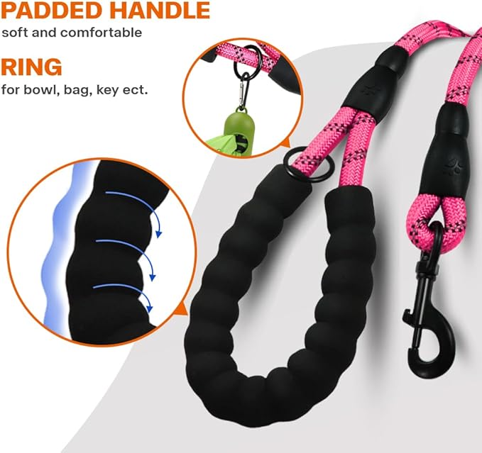 Taglory Rope Dog Leash 4 FT with Comfortable Padded Handle, Highly Reflective Threads Leash for Small Dogs, 3/8 inch, Pink