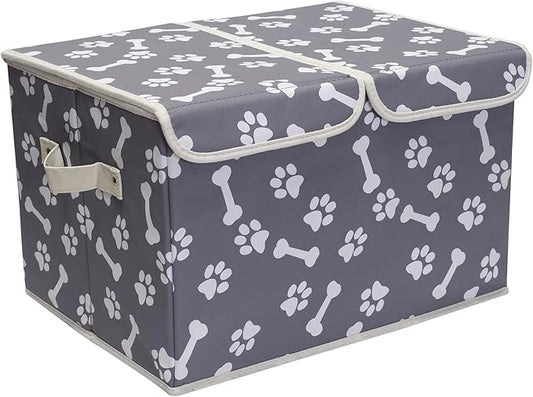 Pet Toy Storage Box with Lid Basket Organizer - Perfect Collapsible Bin for Living room, Playroom, Closet, Home Organization - Bone Paw