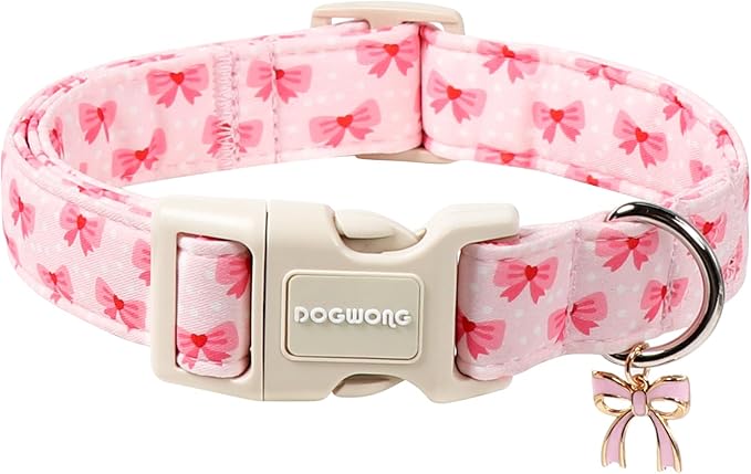 DOGWONG Cute Bowtie Printed Collar for Small Medium Large Dogs - Pink Dog Collar for Girl Female Dogs,M