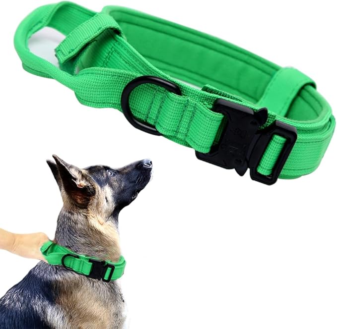 Xqpetlihai Tactical Dog Collar - Military Dog Collar - Adjustable Nylon - Heavy Duty Metal Buckle with Handle - Bright Green, Medium