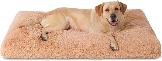 Bedfolks XXL Dogs Crate Bed, Plush Washable Faux Fur Pad, Waterproof, 47"x29", Solid Camel