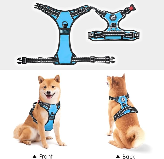 PoyPet Dog Harness No Pull, Reflective Adjustable No Choke Pet Vest with Front & Back Clips, Soft Padded and Control Training Handle for Large Dogs(Light Blue,XL)