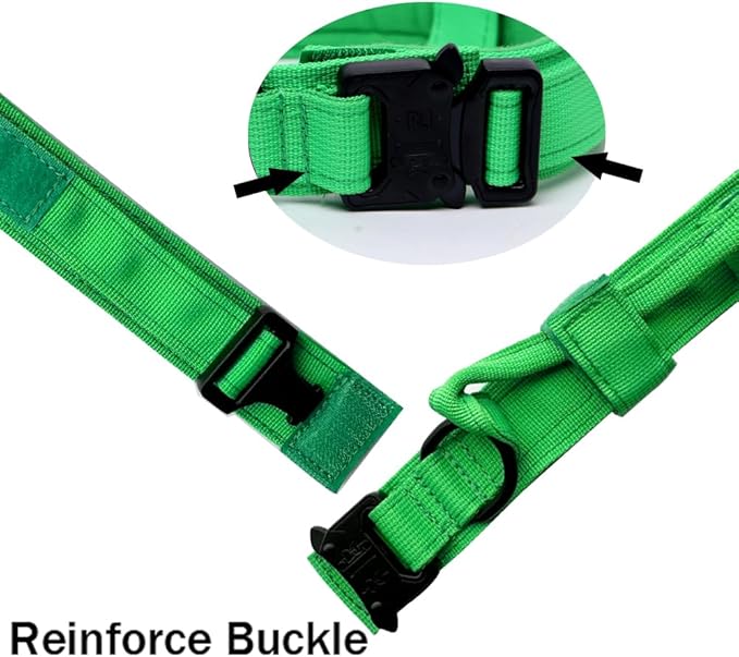 Xqpetlihai Tactical Dog Collar - Military Dog Collar - Adjustable Nylon - Heavy Duty Metal Buckle with Handle - Bright Green, Large, Medium