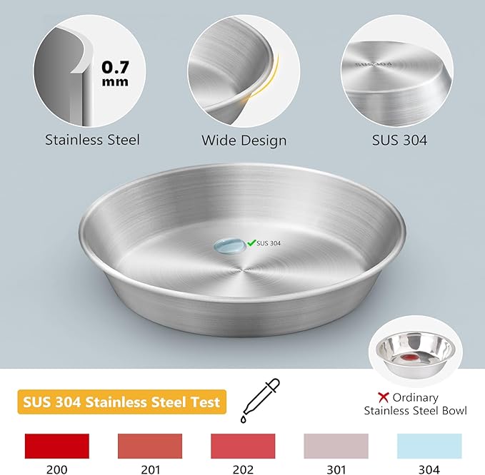 6-Pack Stainless Steel Cat Food Bowls, Shallow Whisker-Friendly Non-Slip Silicone Base Metal Dishes, Easy to Clean Indoor Water Flat Plates for Cat, Kitten, Small Dog (5.9")