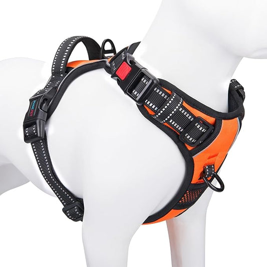 PHOEPET Reflective Dog Harness Large Breed Adjustable No Pull Vest with Handle 2 Metal Rings 3 Buckles [Easy to Put on & Take Off](XL, Orange)