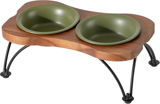 Ceramic 5.5-inch Raised Double-Bowl Set with Non-Slip Stand, 1 Cup Food or 9.5oz Water Dishes for Puppies and Cats, Wide Opening with Rounded Edges(Olive Green)