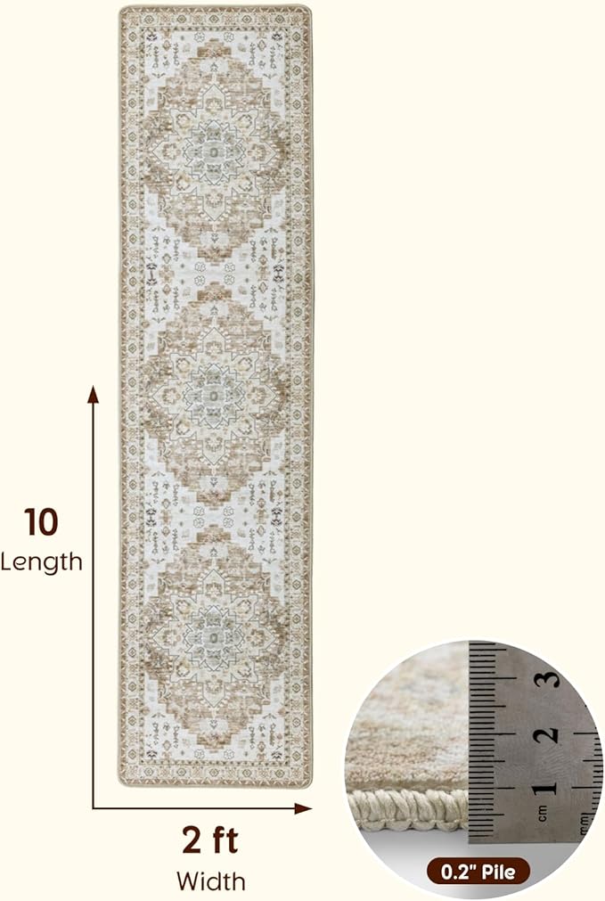 LBRO2M Boho Hallway Rug 2'X10’ Washable Runner Rugs Non Slip Low Piles Rugs Vintage, Soft, Cream Area Rug Runners for Hallways, Bedroom, Kitchen Laundry Room Pattern Print (2'X10', Cream)