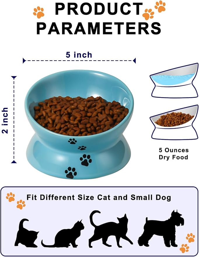 Y YHY Elevated Cat Food Bowl, Ceramic Raised Bowl, Tilt Angle Protects Cat's Spine, Anti Vomiting Dish, Backflow Prevention, Lake Blue