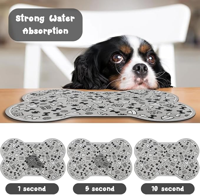 Dog Food Mats for Floors Waterproof, Pet Feeding Absorbent Water Bowl Mat Cat Placemats Gray Bone Shape 19 * 12 inch