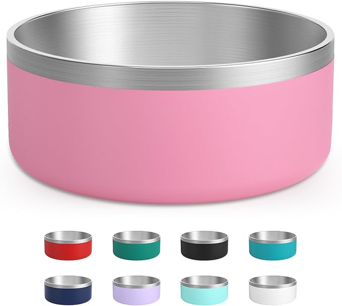 Stainless Steel Dog Bowl, Metal Water and Food Dish for Large Dogs, Insulated Non-Slip Pet Bowl, Easy Clean, 64oz, Pink