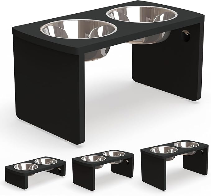 Elevated Dog Bowls, Bamboo Raised Dog Bowl for Large Dogs & Medium Dogs, with 2 Stainless Steel Bowls (10'' Tall–48 oz Bowl)