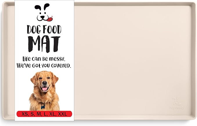 DogBuddy Dog Food Mat – Waterproof Dog Bowl Mat for Food and Water, Silicone Pet Feeding Mats for Floors, Non-Slip Placemat with High Edges for Dogs Bowls, Puppy Essentials (L: 24" x 16", Vanilla)