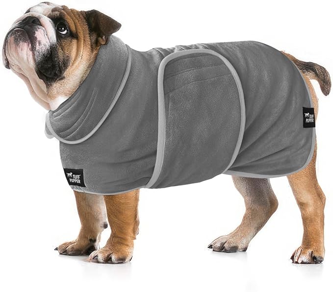 Tuff Pupper Fast Drying Dog Bath Robe | 800 GSM Plush Dog Towel Bathrobe/Dressing Gown | Super Absorbent Pet/Puppy Bathrobe | Adjustable Hood & Belly Strap | Super Soft | Fast Drying (L, Gray)