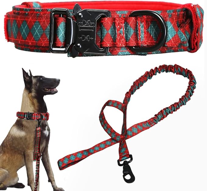 Christmas Tactical Dog Collar and Leash Set Adjustable Nylon Collar Dog Training Collar Leash Set with Control Handleand （Christmas Green XXL