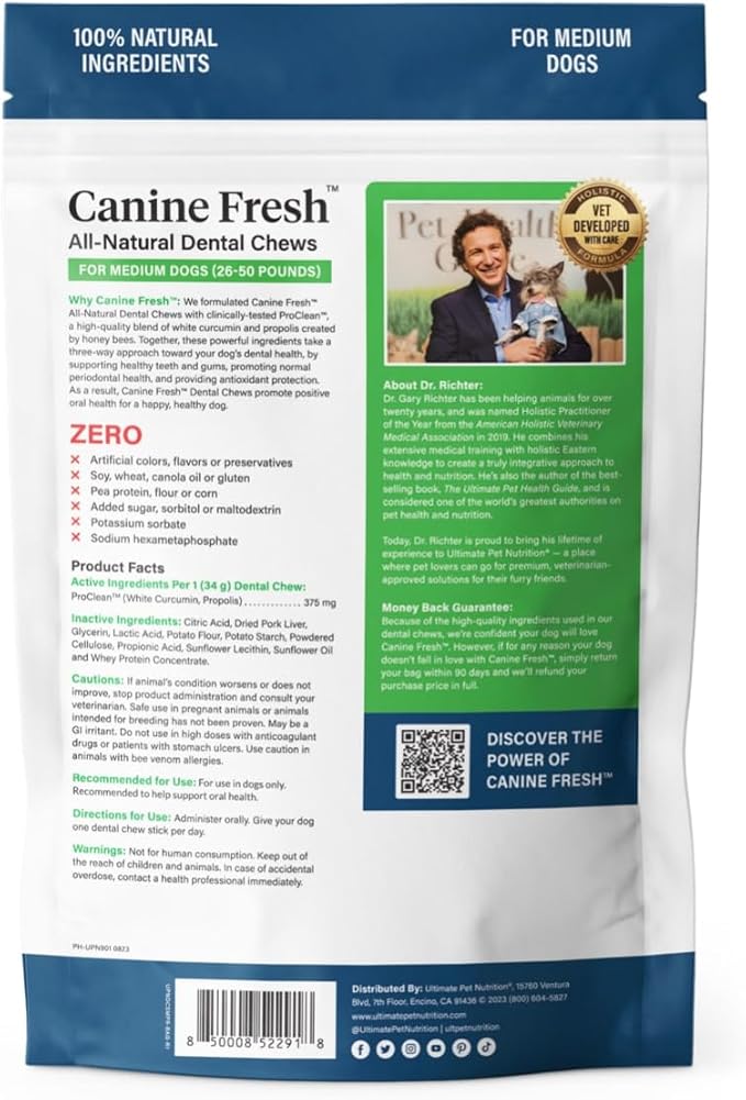 ULTIMATE PET NUTRITION Canine Fresh Dental Chews, Dental Dog Treats, Oral Care and Hygiene Sticks, Soothes Gums, Vet Developed, 15 Chews (Medium)