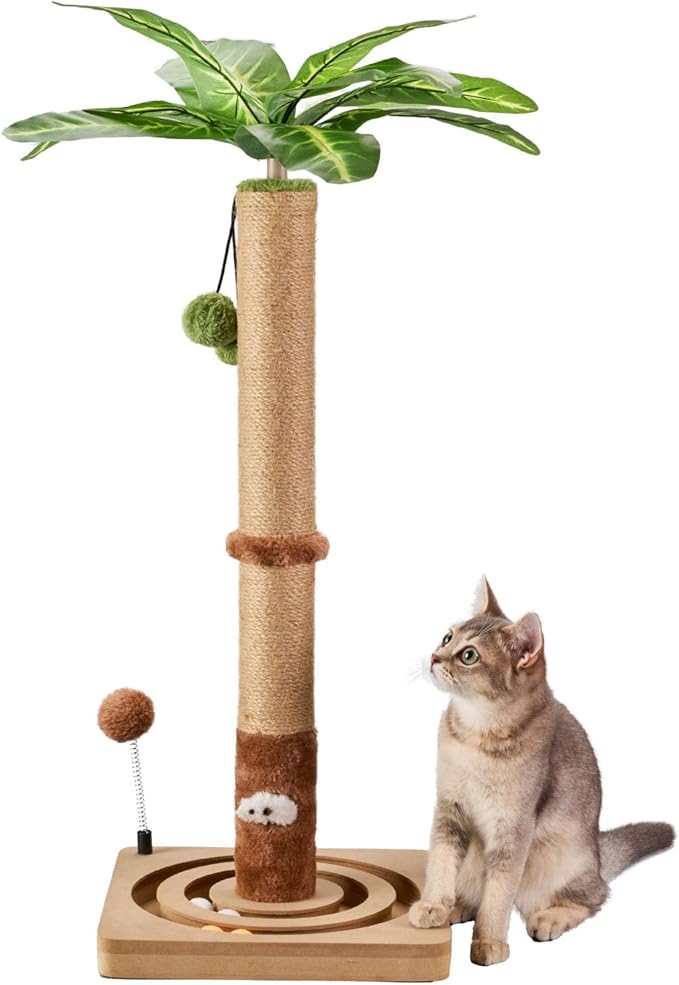 MECOOL Cat Scratching Post Sturdy and Premium Scratch Posts with Hanging Ball and Ball Track Toy Cute Cat Tree 30in for Indoor Kittens