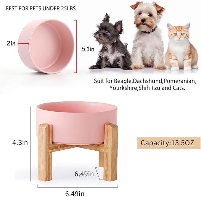 Petygooing PinkElevated/Raised Ceramic Dog Bowl for Small Breeds, Dog Food Water Dish with Stand,Pet Feeding Bowl with Anti Slip Rubber for Cats and Small Dogs Puppy 13.5 OZ (5.1In / 1.7 Cups)