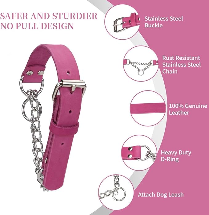 Martingale Collar for Dogs No-Pull Adjustable Training Collar with Stainless Steel Chain - Genuine Leather Anti-Slip Design for Small,Medium,Large Breed Dogs - Pink (M)