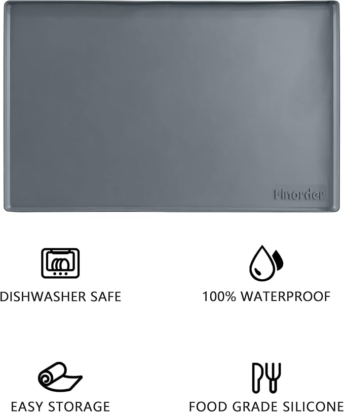 Finorder 34"x 21" 100% Silicone Pet Feeding Mat, Higher Raised Edges and Slip Resistant Pet Food and Water Bowl Mat, Waterproof Pet Food Placemat Silicone Tray, Dishwasher Safe (Grey)