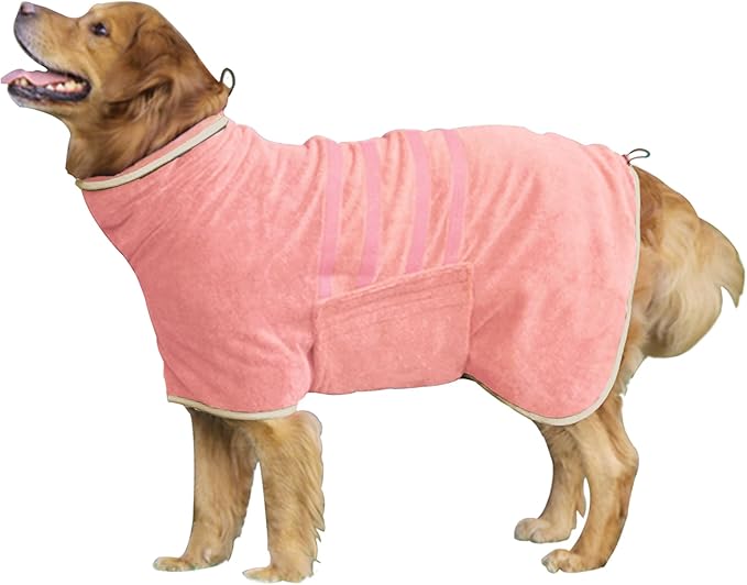 Dog Robe - Fast Drying Towel - Microfiber Super Absorbent Pet Bathrobe, Adjustable Collar & Belly Strap (Pink, Medium)