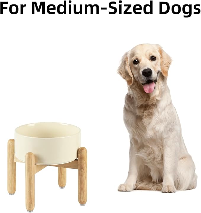 Ceramic 7.3inch Raised Dog Bowl Set, Elevated with Wooden Stand, Food and Water Bowl for Medium Breed Dogs, Weighted Dog Dishes, Pet Feeder(Beige)