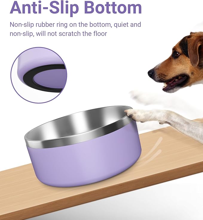 Dog Bowl, Stainless Steel Dog Food and Water Bowl with Non Slip Quiet Bottom, Easy to Clean, Dishwasher Safe, 64oz, Light Purple
