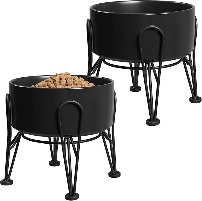 Elevated Dog Bowls, Ceramic Raised Dog Bowl Set with Anti-Slip and Non-Tip Metal Stand, 2 Pack Pet Food and Water Feeding Bowls for Small and Medium Dogs (Black,3.6 Cups)