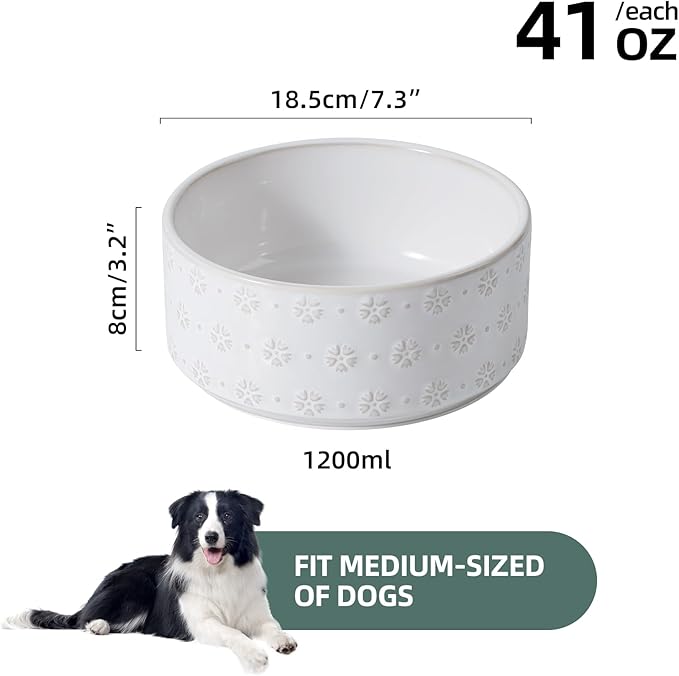 7.3inch Ceramic Dog Bowl, Food and Water Bowl for Medium Breed Dog, Pet Bowl for Replacement (Single Bowl, Arctic White)