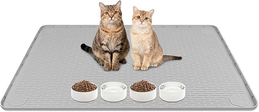 Lanstics Cat Food Mat, 40" x 28" Large Silicone Mat Cat Feeding Mat with Raised Edge Non-Slip Pet Feeding Mat for Food and Water Bowl, Easy to Clean, Floor Protection (Gray)